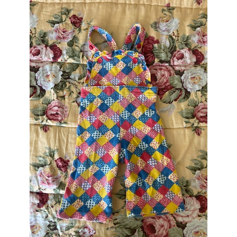 Vintage Carter's Baby Overalls 18 Months Patchwork Print Ruffle Sunsuit 70s 80s